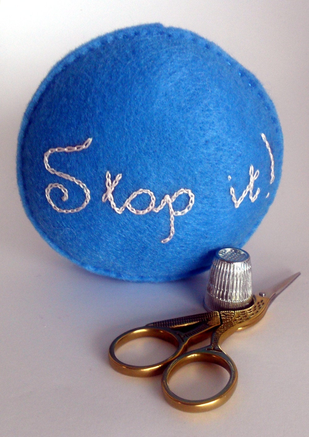 SALE - Stop it Pincushion - handsewn and embroidered recycled blue felt pin cushion