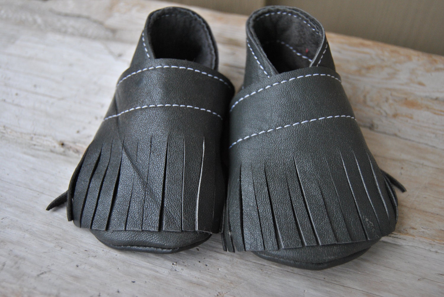 Baby Booties with Fringe Soft Soled Recycled Grey Leather
