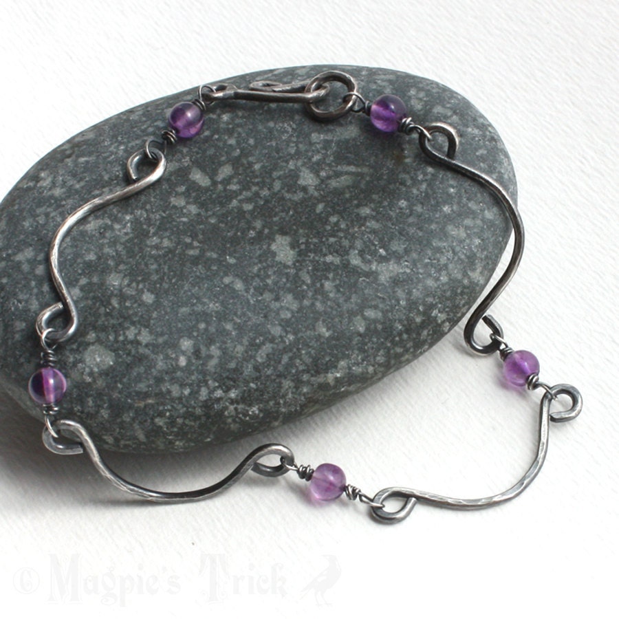 Amethyst Bracelet Scrolled Metalwork Hammered Sterling Silver  -  Gypsy Life