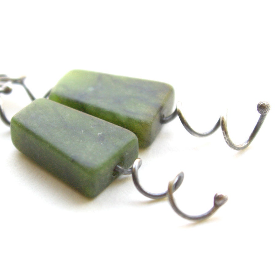 Green Jade Earrings Rustic Sterling Silver  -  Winding