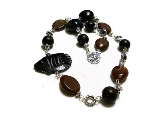 Black Brown African Tribal Fish Necklace,  Ecofriendly Vintage Recycled Beads