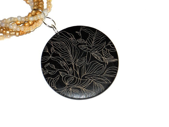 RESERVED: Black and Gold and Cream Boho Pendant Multi-Strand Beaded Necklace / I Accept CREDIT CARDS