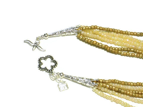 RESERVED: Black and Gold and Cream Boho Pendant Multi-Strand Beaded Necklace / I Accept CREDIT CARDS