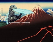GODZILLA Print POSTER Hokusai Mt. Fuji Rainstorm Lightning Parody MST3K