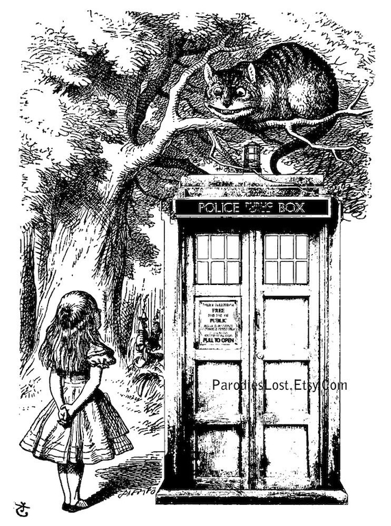 Doctor Who TARDIS Print POSTER Alice in WONDERLAND Chesire Cat Pen and Ink Illustration