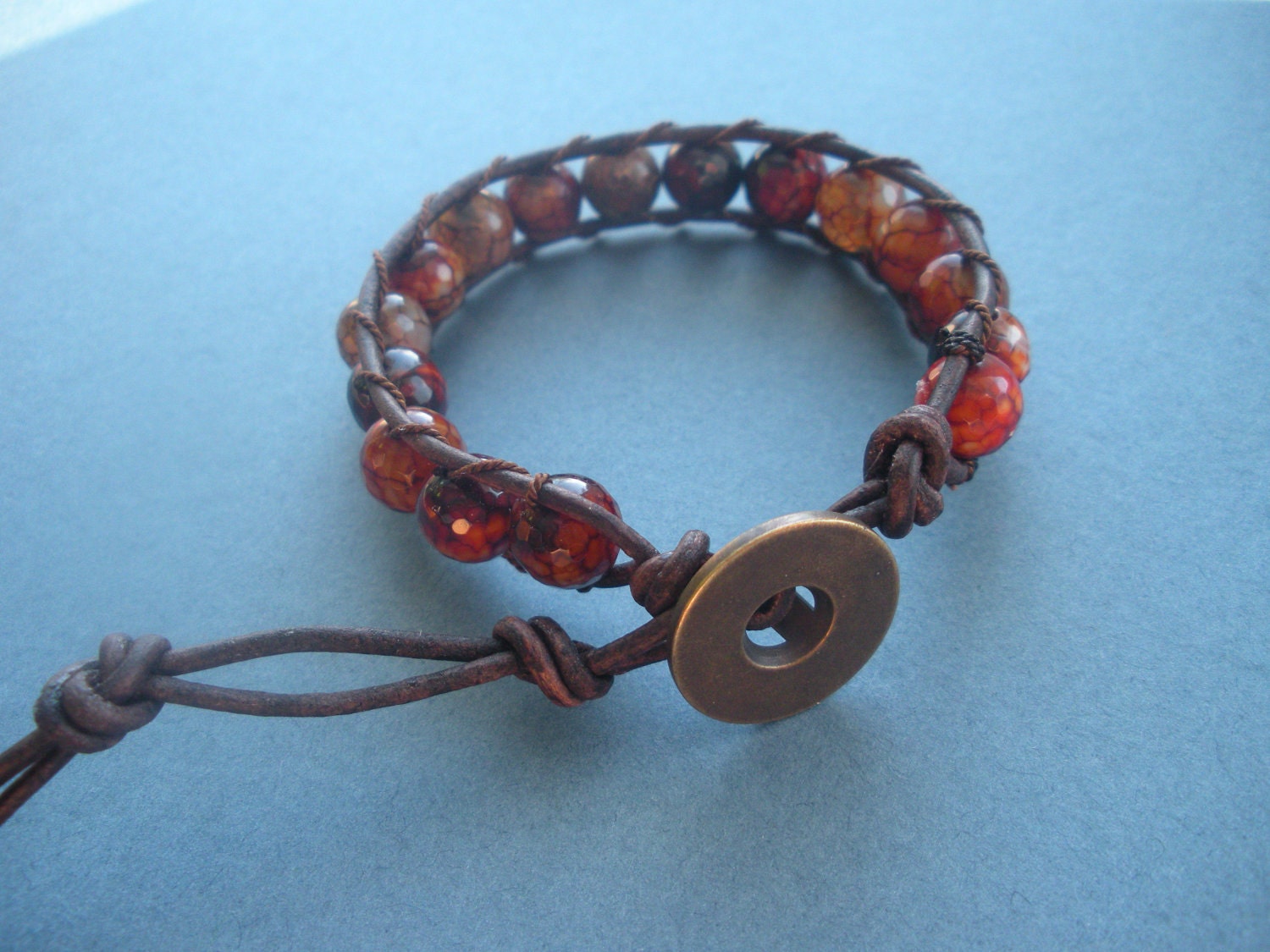 boho, chan lu,  bead and leather bracelet, wrap bracelet, bohemian, agate beads, colorful red earth tones, jewelry gifts under 20