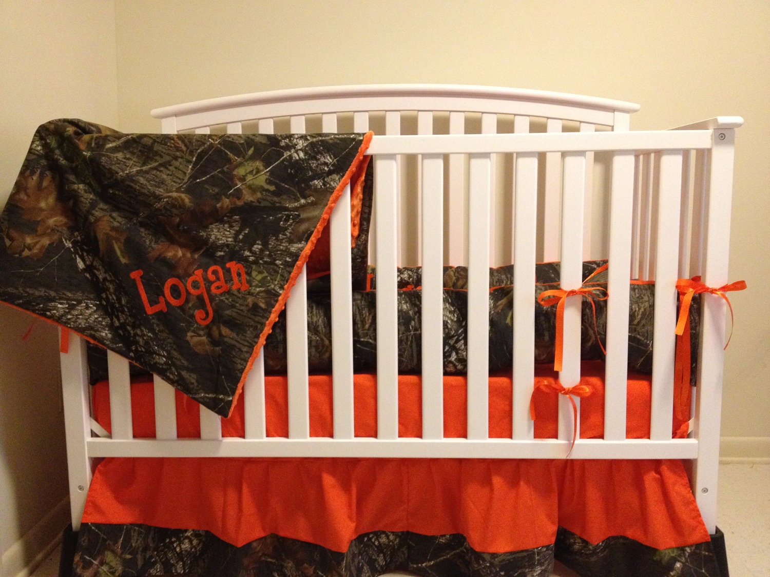 Camo 4 piece set made with Mossy Oak fabric and Orange minky dot baby Crib Bedding Set with and FREE Monograms
