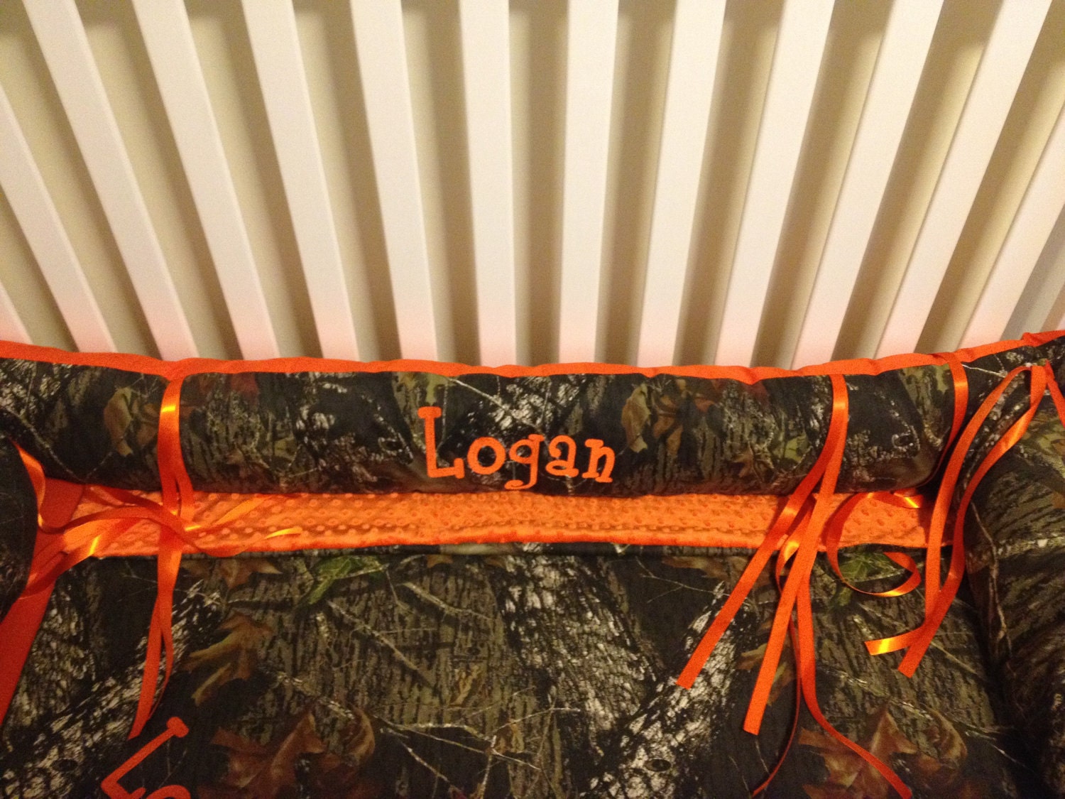Camo 4 piece set made with Mossy Oak fabric and Orange minky dot baby Crib Bedding Set with and FREE Monograms
