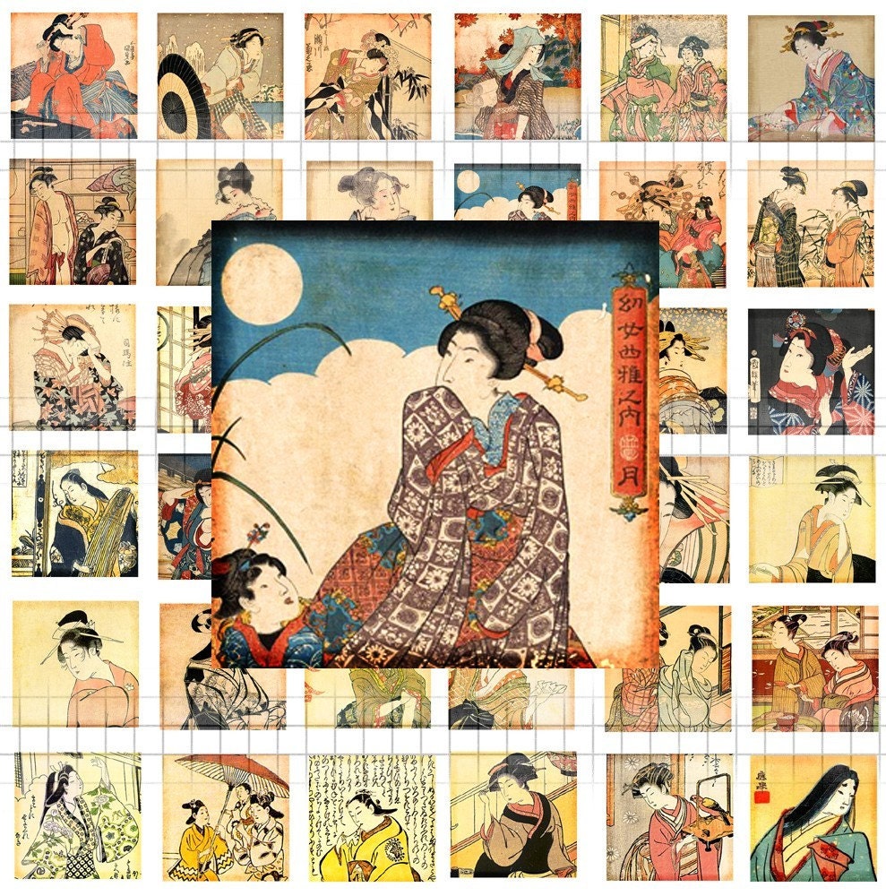 1 Inch Square Digital Art,  Asian Art , Geisha , Japanese, Digital Images, Scrapbook Elements, Collage Art  CS 158