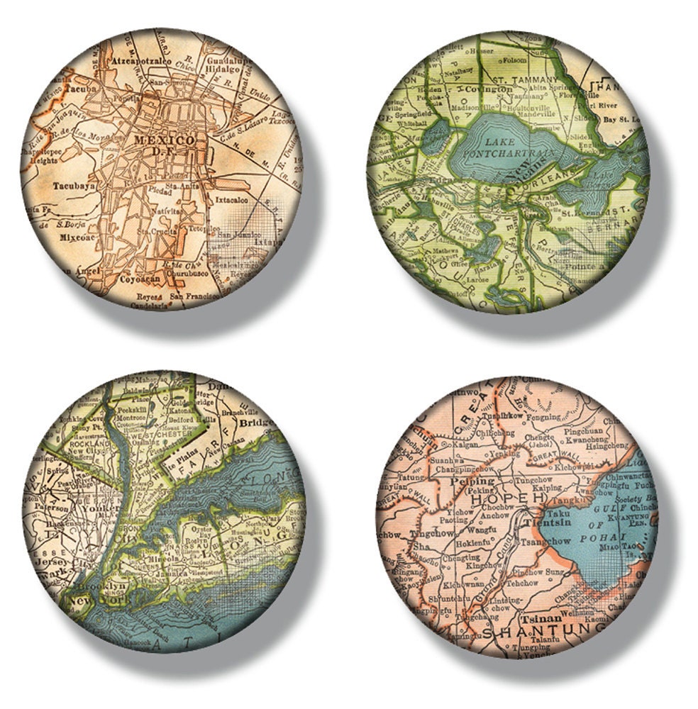 1 Inch Circle Digital Art  24 Vintage Map Cities of the World  Bottlecaps Pendants Embellishments CS 129