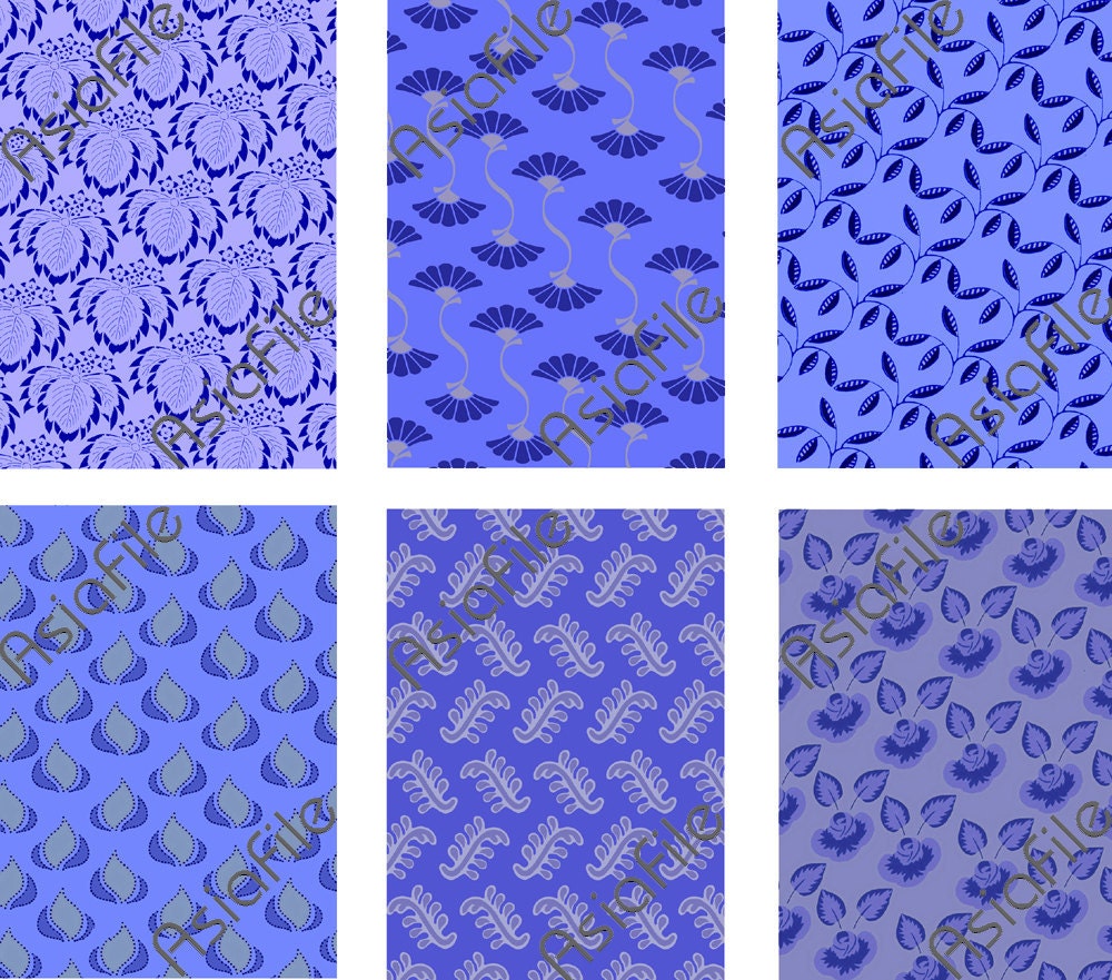 ACEO Digital Backgrounds Allover Patterns Deco Asian Design 2 Sheets 12 ACEO Size Images Blues CS 261