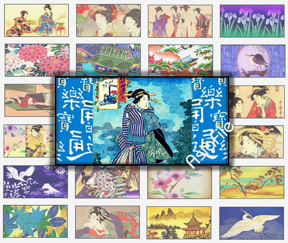 Digital Art, Asian Art, Digital Collage Sheet, Horizontal Images for Pendants 1 x 2 Dominoes Glass Tiles CS 56