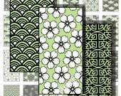 Digital Collage Sheet Japanese Designs 1 X 2 Rectangles  Black and Celedon Green Backgrounds Domino Pendant Printable Download CS6