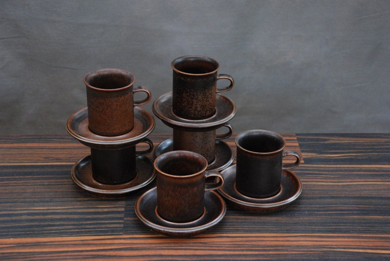 Vintage Arabia Finland Ruska Small Tall Cups and Saucers Designed by Ulla Procopé Set of 6
