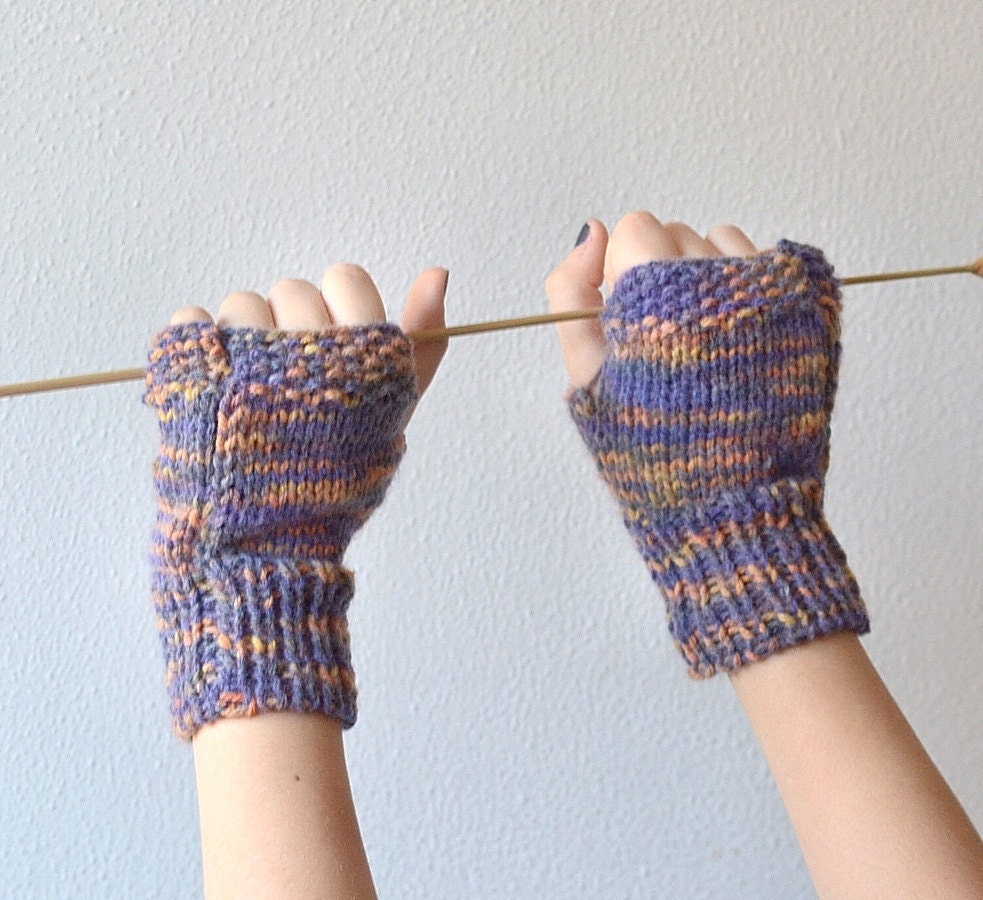 Fingerless gloves knit, fingerless mittens knit blue orange
