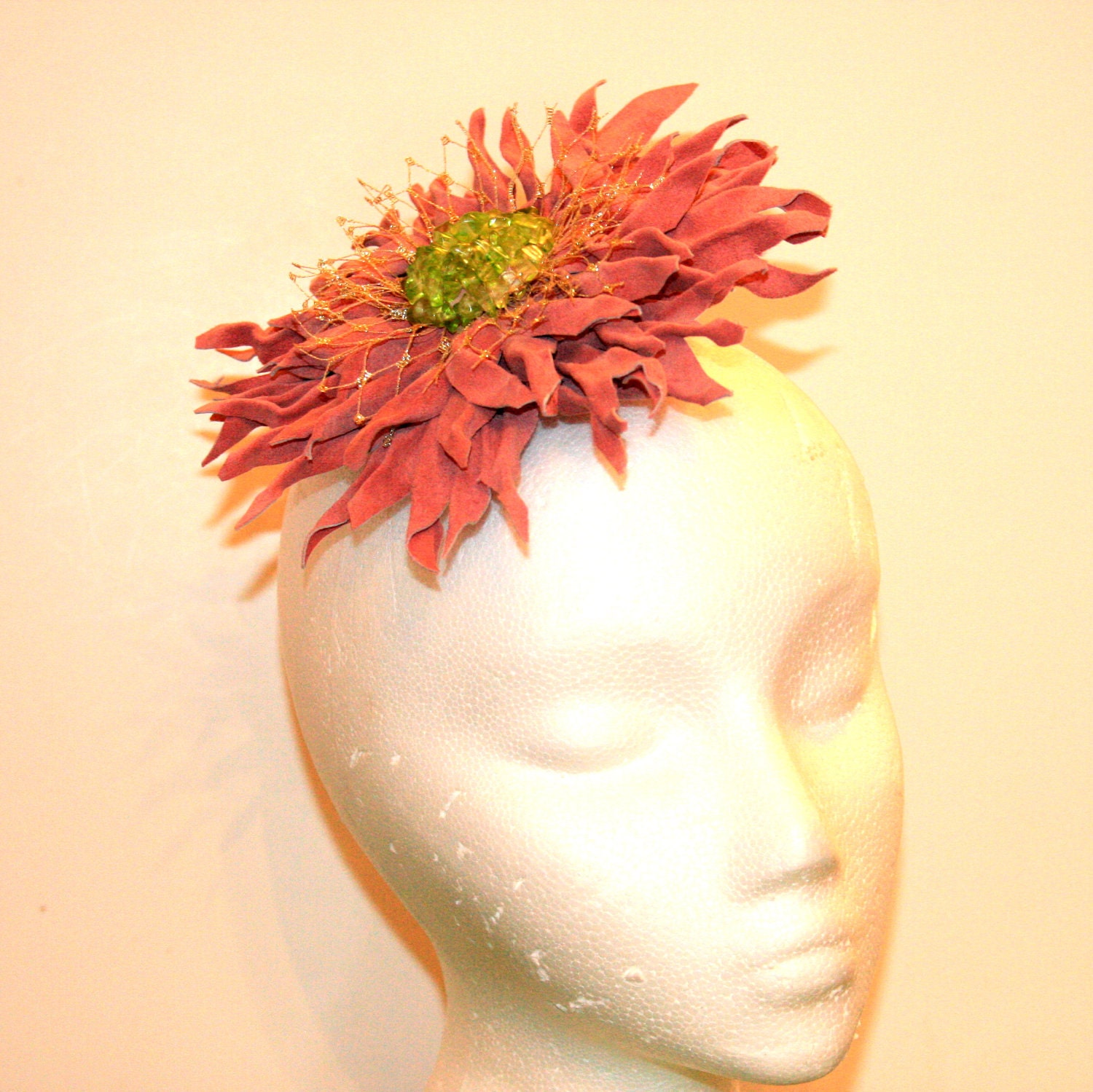 Pink  Suede Green Flower Hair Accessory or Brooch Zulya