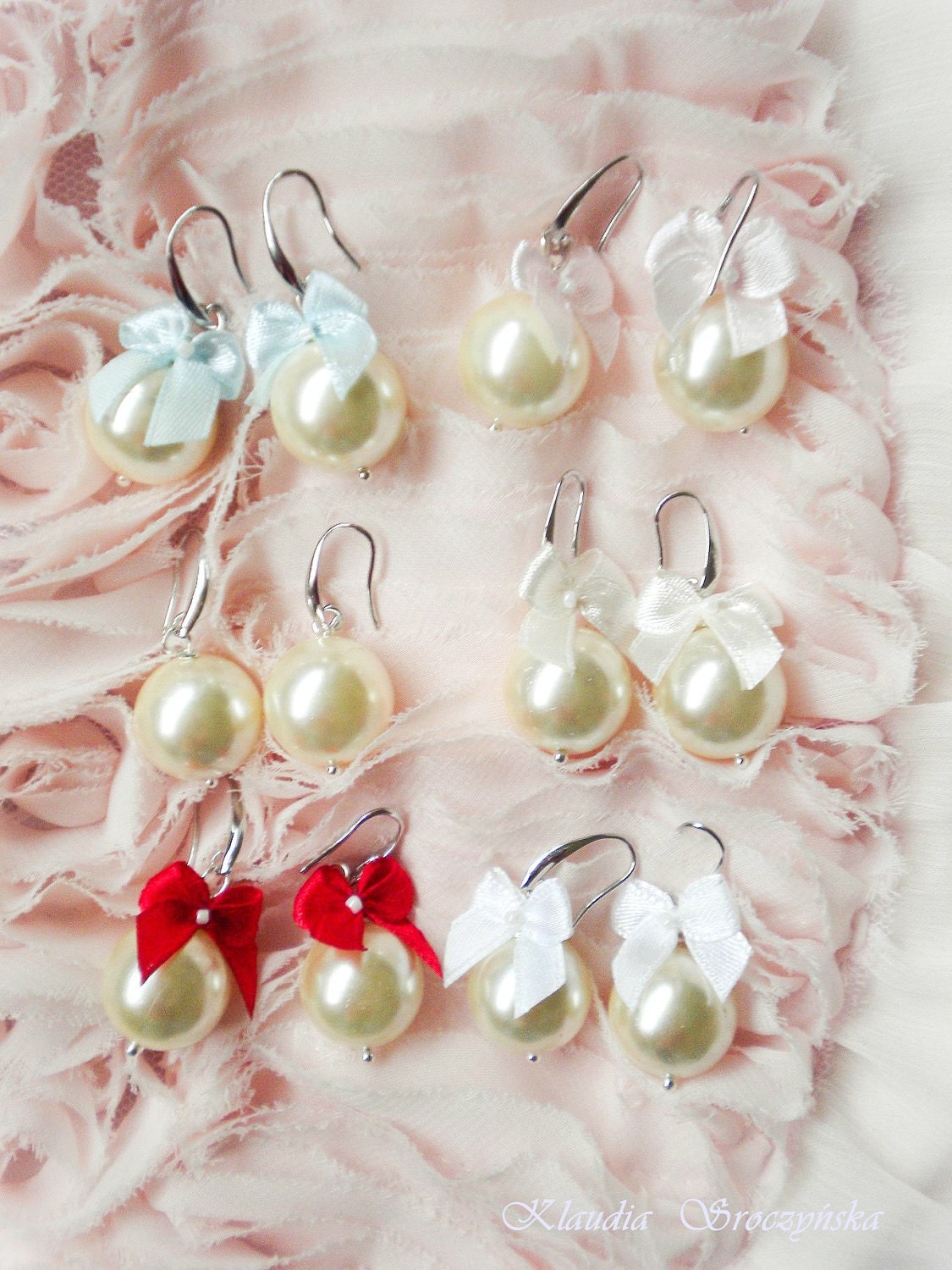 Baby Pink Satin Ribbon Bow And White Pearls Earrings-Bow earrings Bridesmaid Jewelry Bridesmaid gifts
