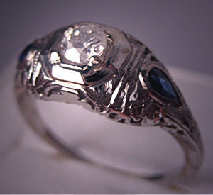 Antique Vintage Diamond Ring Art Deco Wedding Ring Sapphire 18K
