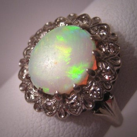 Antique Vintage Opal Diamond Ring Art Deco White Gold Wedding