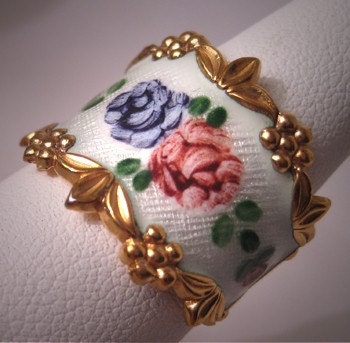 Antique Vintage Guilloche Enamel Ring Victorian - Deco Style