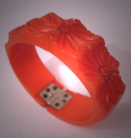 Vintage Carved Bakelite Bracelet Clamper Art Deco Floral Red-Orange