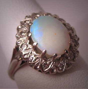 Antique Vintage Opal Diamond Ring Art Deco White Gold Wedding