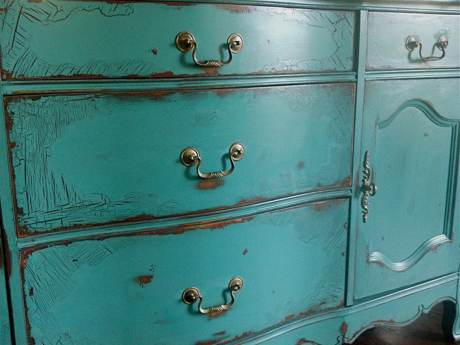 French Provincial Buffet in an Antiqued Teal Green Finish
