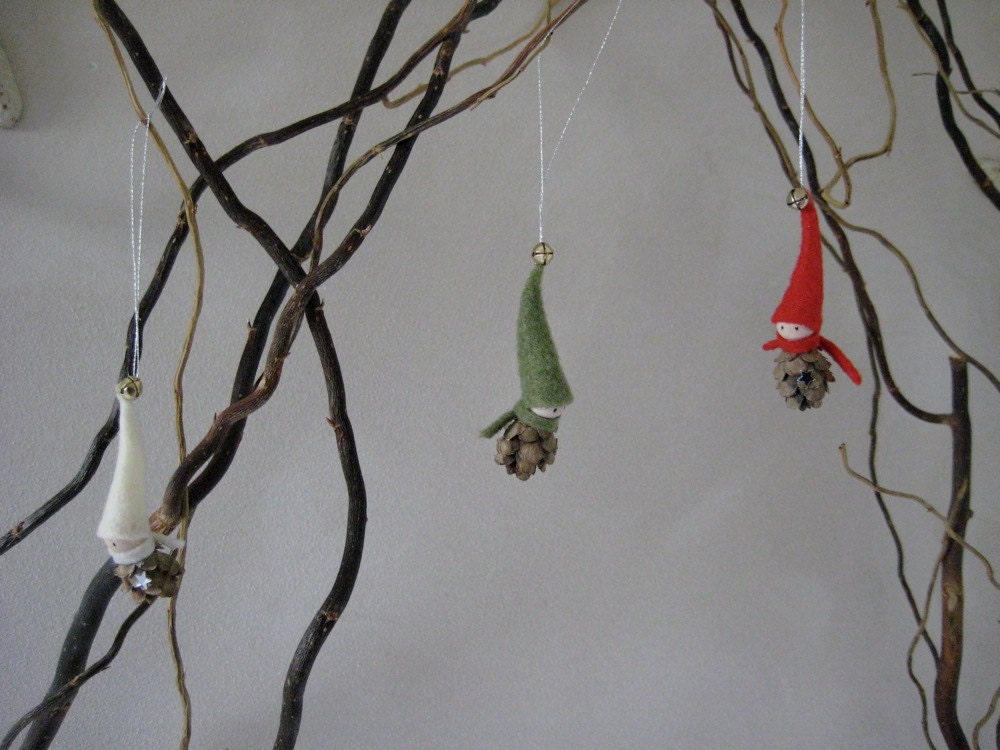 Tiny Pine Cone Elves -- set of 3 ornaments