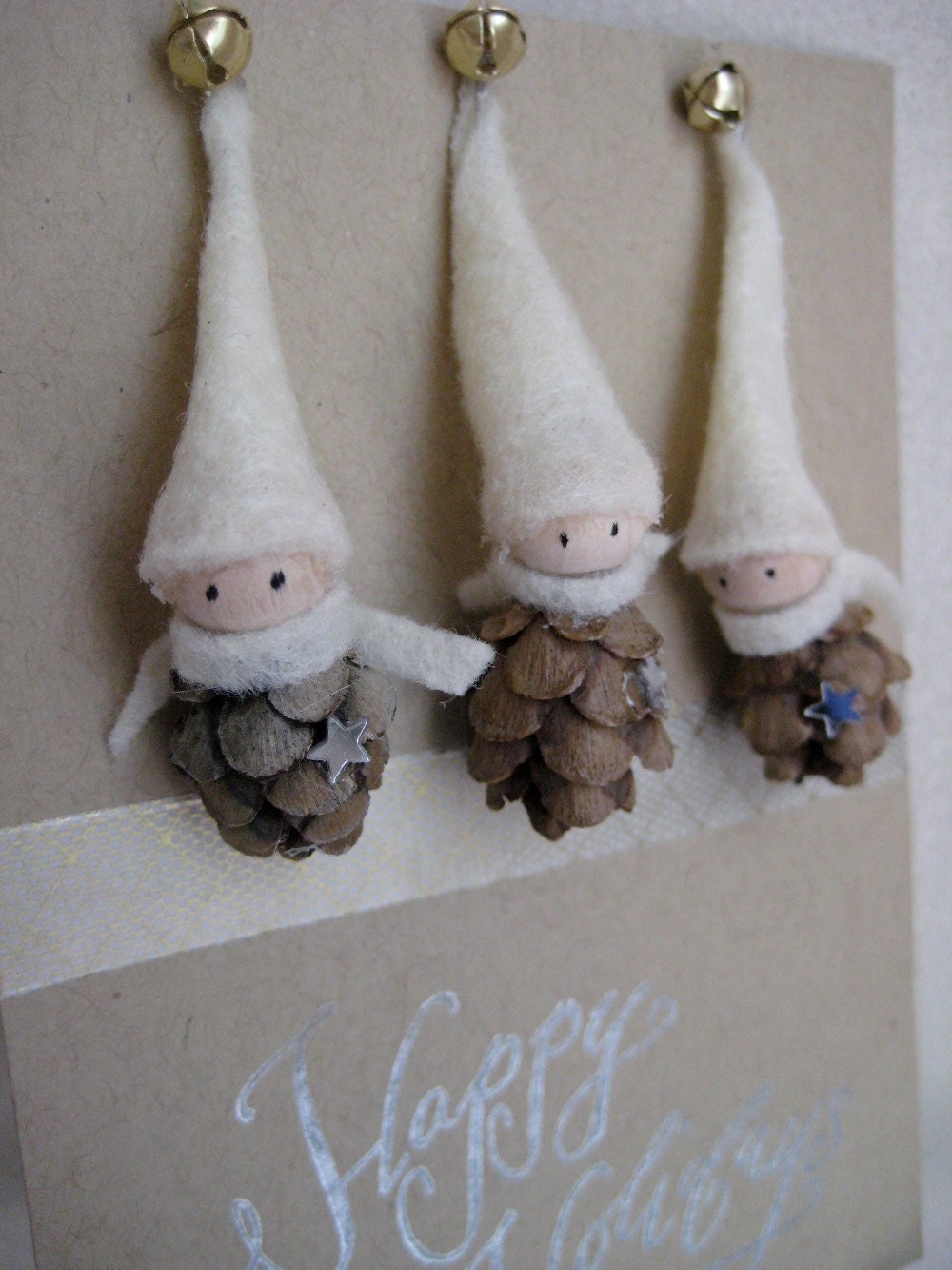 Tiny Pine Cone Elves -- set of 3 ornaments
