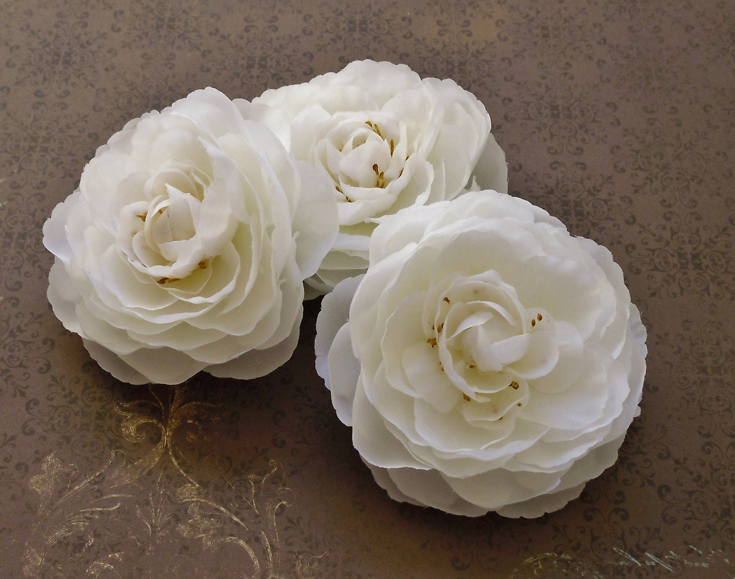 Silk Flowers - Three Artificial Ranunculus in White - 3.5 Inches - Artificial Flowers