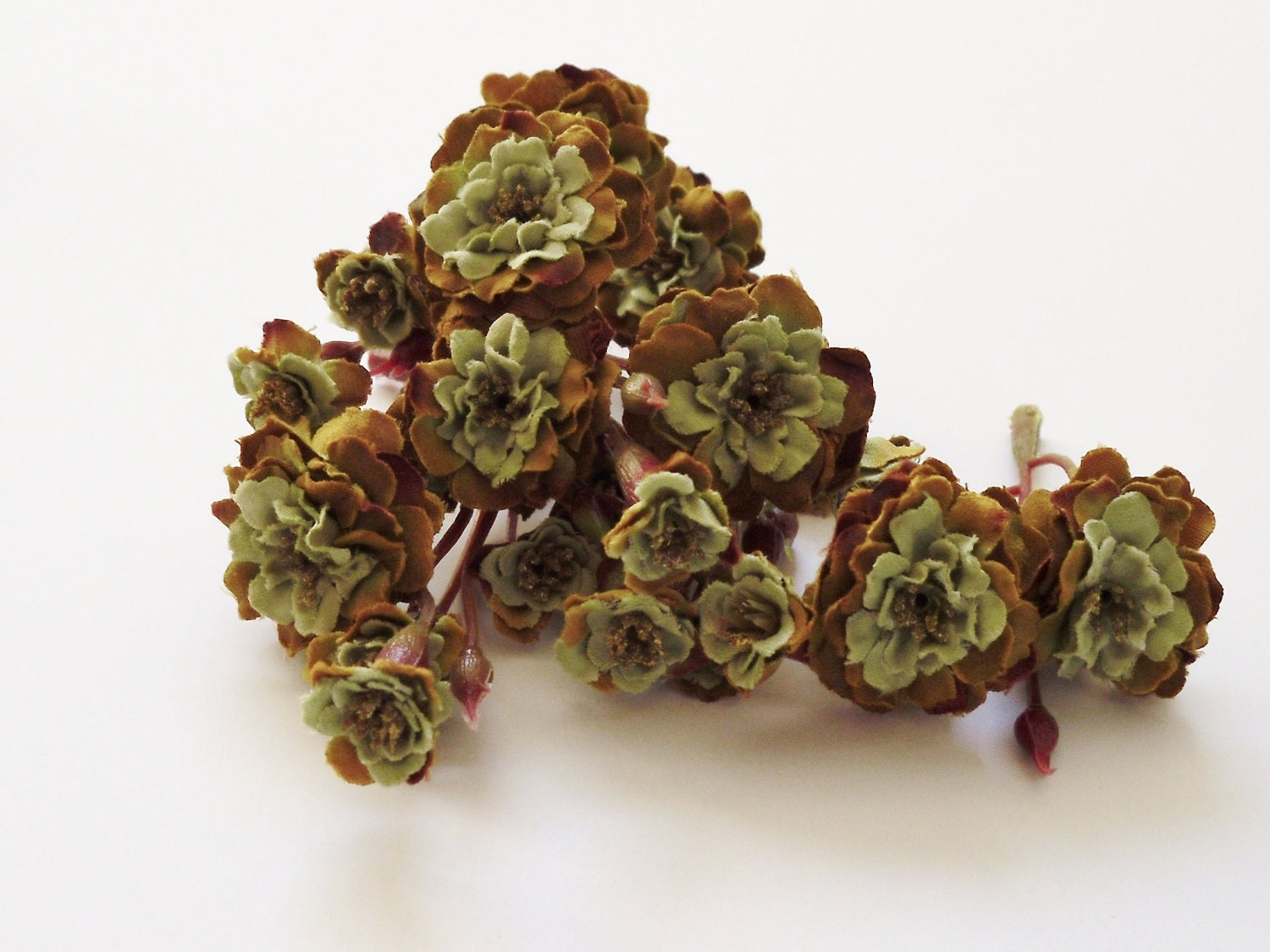 Silk Flowers - TWO SETS Pom Pom Roses in Khaki Green - Very SMALL Flowers -  Artificial Flowers