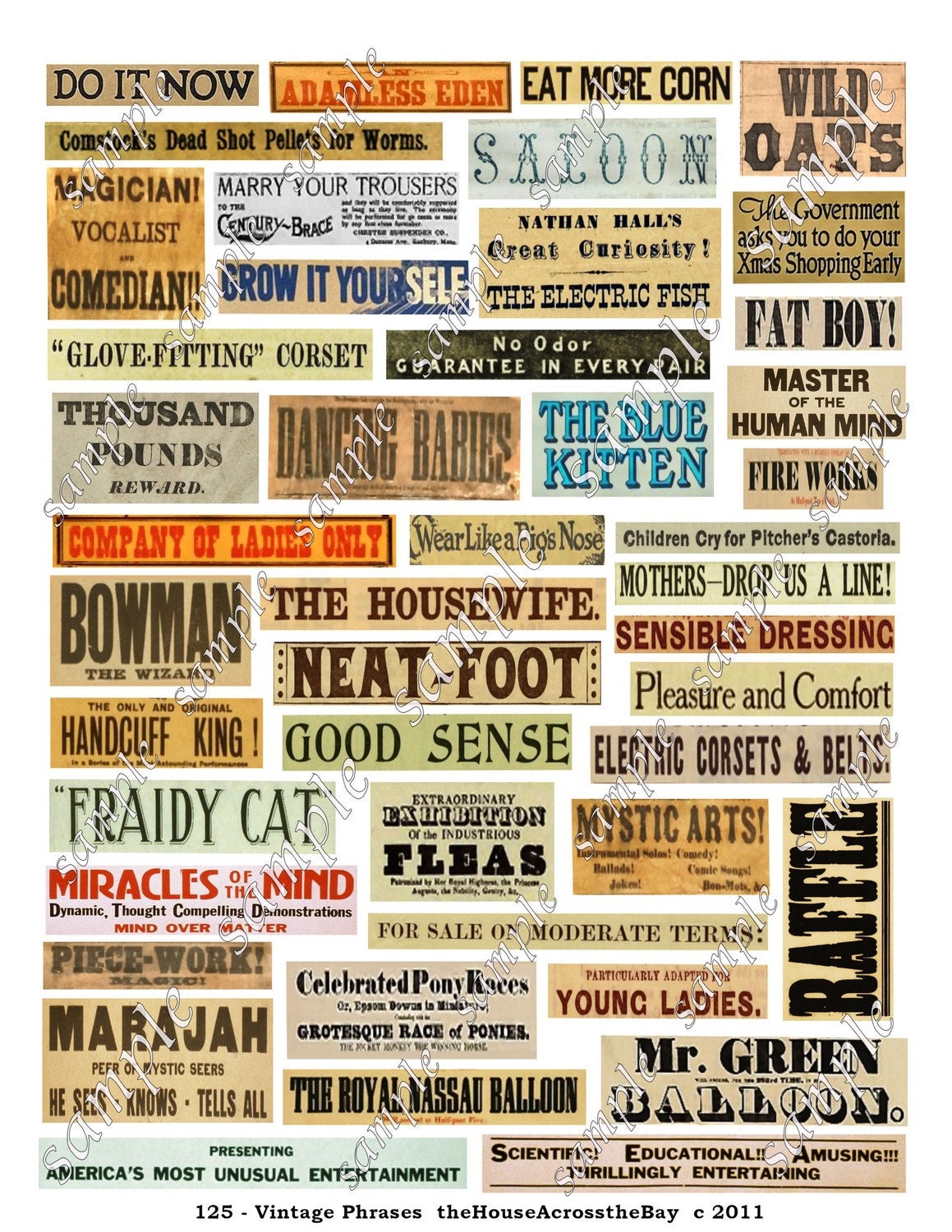 Vintage Phrases Digital Collage Sheet Words Advertising Labels ACEO ATC Background Border Cards Ephemera Embellishments Tags Grunge 125