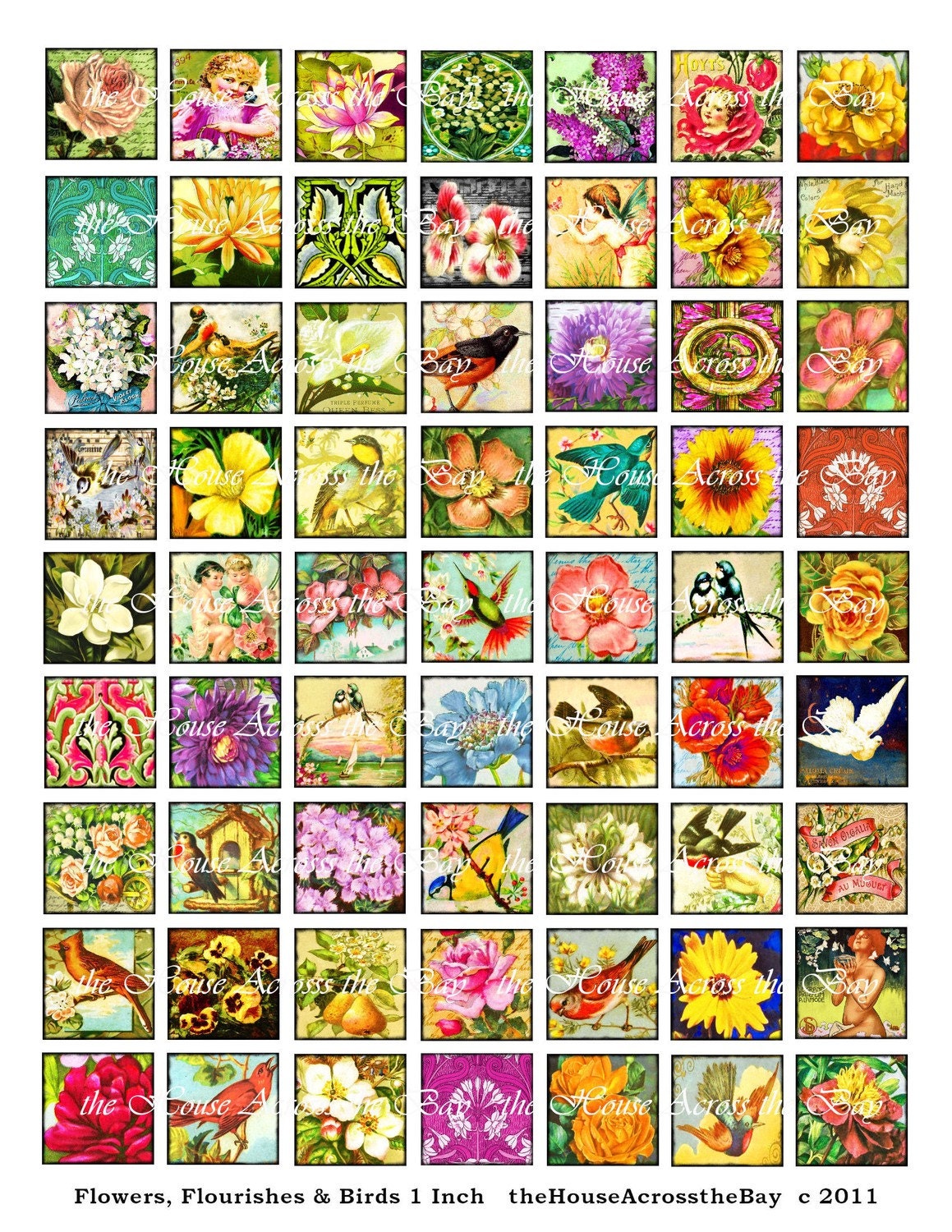Flowers Flourishes Birds Digital Collage Sheet 1 Inch One inch Squares Scrabble Tile Pendants Magnets Buttons Background Ephemera Grunge 115