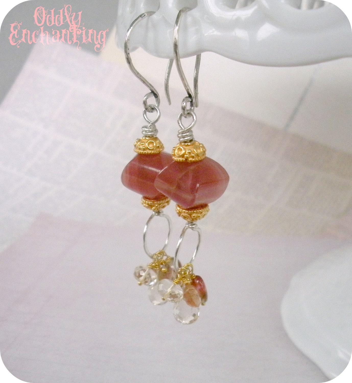 Andromeda Earrings- Fine Silver, Gold Vermeil, Rhodochrosite, Scapolite, Tourmaline