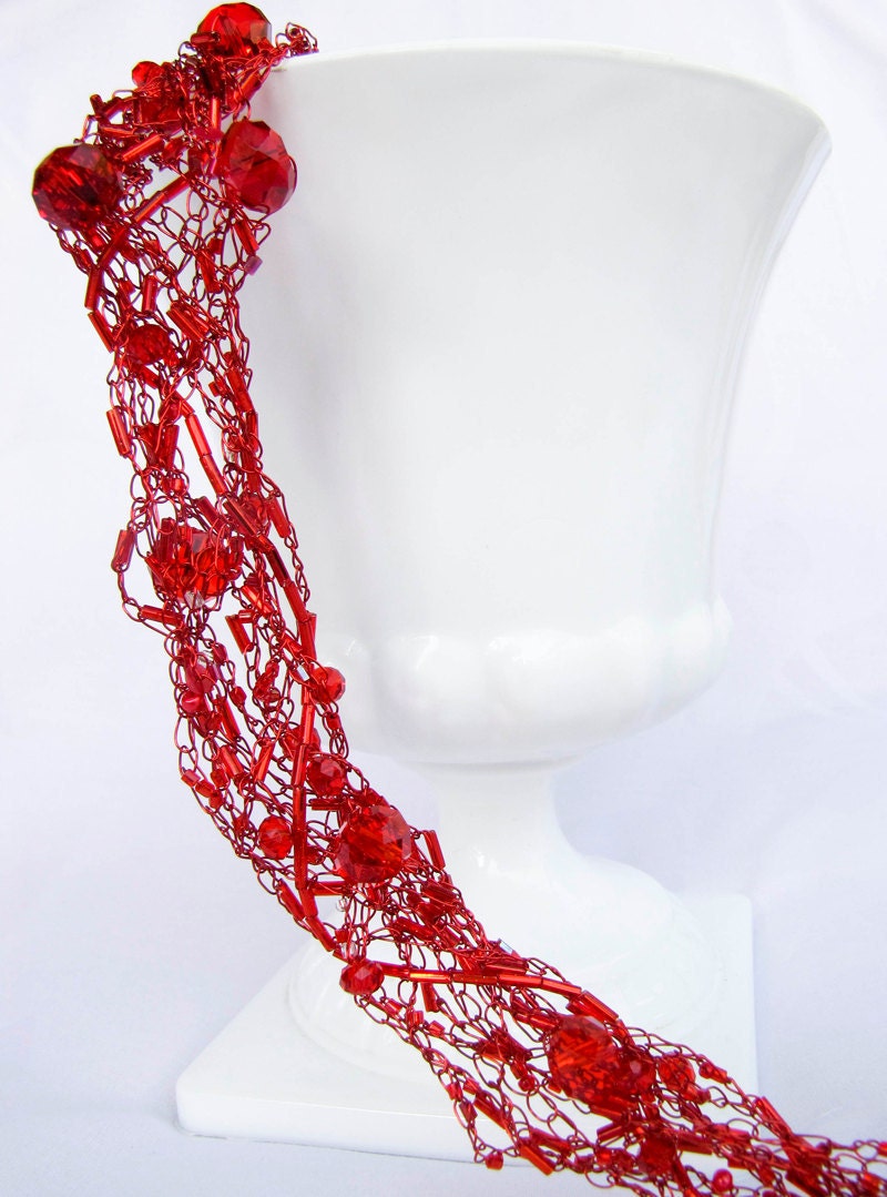 Enigmatic Red crochet wire headband with crystals and beads