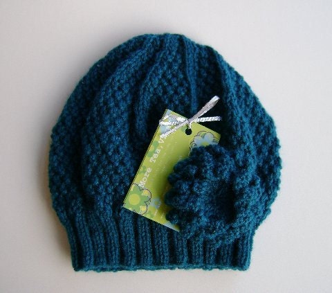 Ladies Hat in Dark Teal With Detachable Flower Brooch Hand Knitted