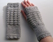 Fingerless Gloves / Mittens / Wrist Warmers in Light Grey Aran Wool