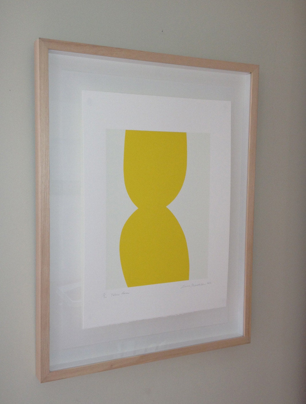 Original art - Yellow Form is a handmade abstract screenprint in two colours, simple wall decor on beautiful paper