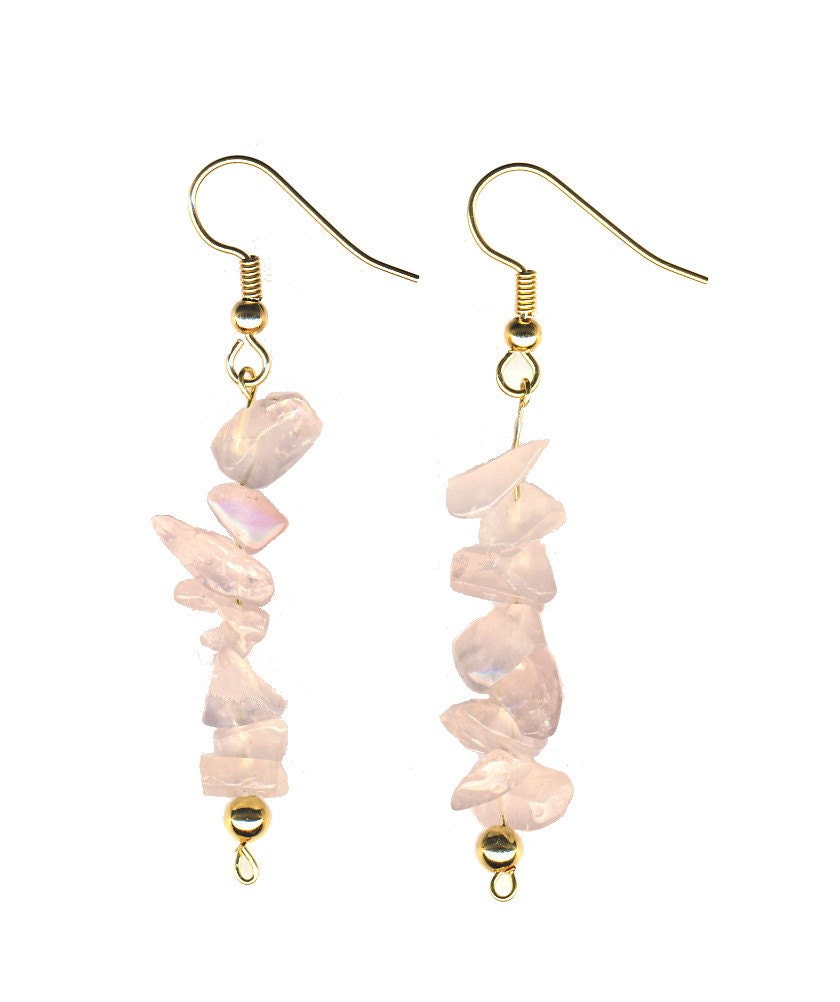 Rose Quartz Crystal Earrings With Gold, Natural Feminine Soft Pale Pink