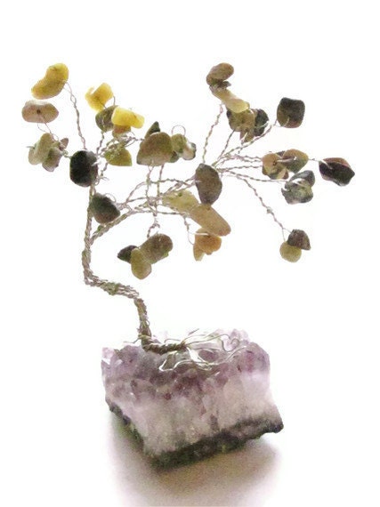 Gemstone Tree - Green Serpentine Stone Leaves on Amethyst Base - Desktop Paperweight