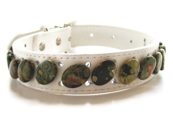 Large White Leather Beaded Dog Collar with Beautiful Green Patterned Rhyolite Stone Beads