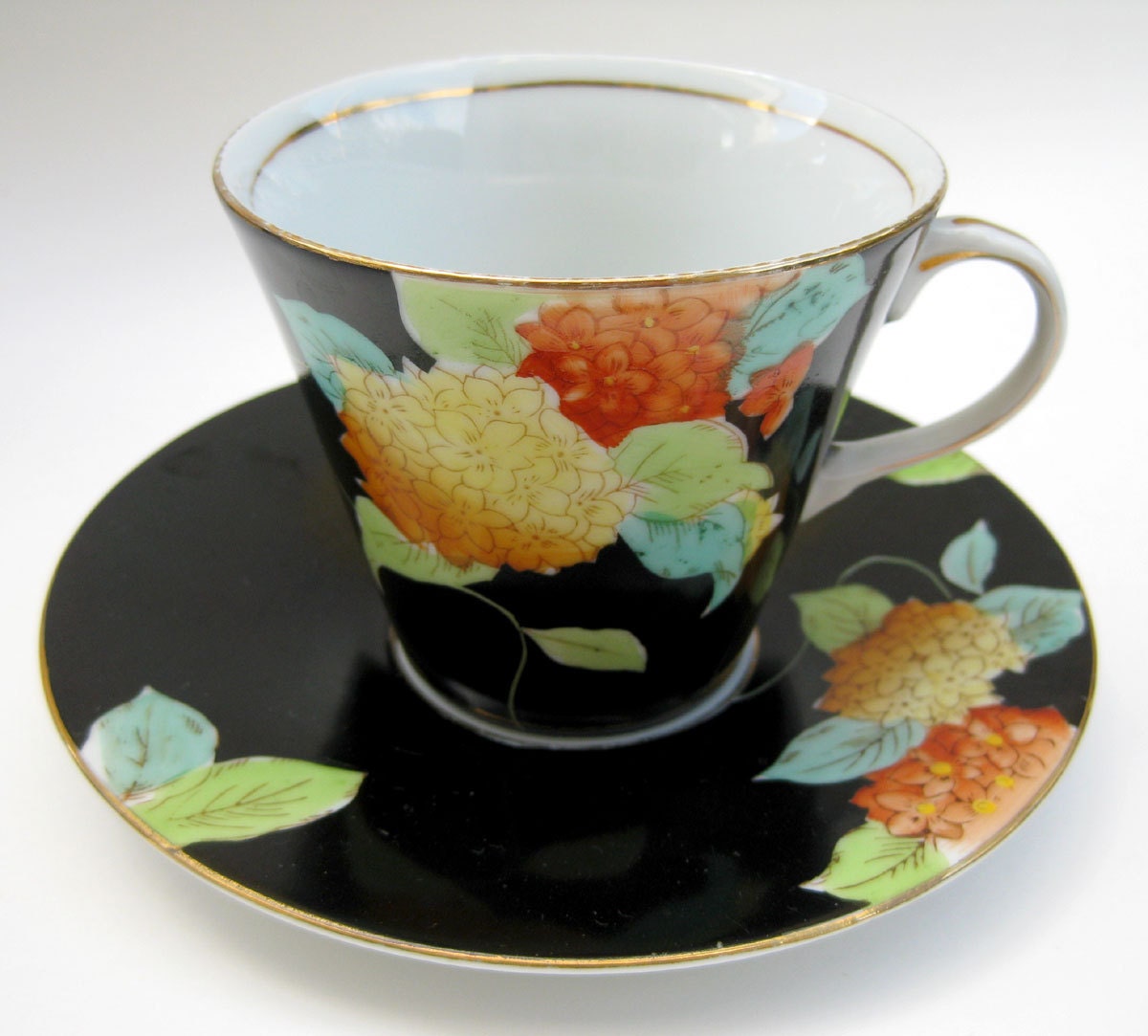 Dramatic Art Deco Vintage 30s China Teacup - Black Orange Hand-Painted Japanese Bold Dark Floral Hydrangea Tea Party Porcelain Cup Gatsby