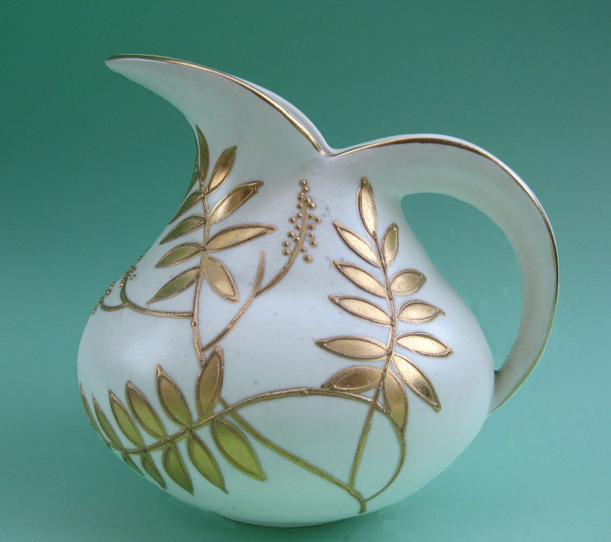 Vintage 30s Art Deco Gold Fern Leaf Pottery Bewley Ware Pitcher Jug - Cream w/ Gilt Enamel Foliage Nature Forest Classical Round Elegant - aquamarinedream Vintage 30s Art Deco Gold Fern Leaf Pottery Bewley Ware Pitcher Jug - Cream w/ Gilt Enamel Foliage Nature Forest Classical Round Elegant - aquamarinedream