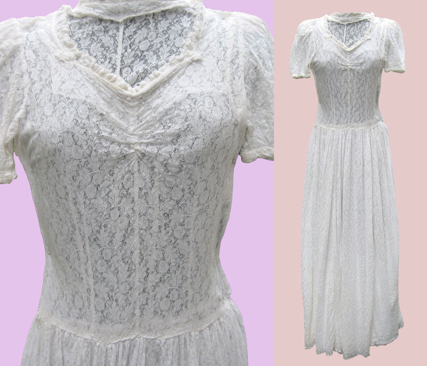 Romantic Vintage 30s White Lace Wedding Dress - Great Gatsby Delicate Sheer Spring Summer Casual Boho Bridal Antique Long Maxi Gown XXS XS S