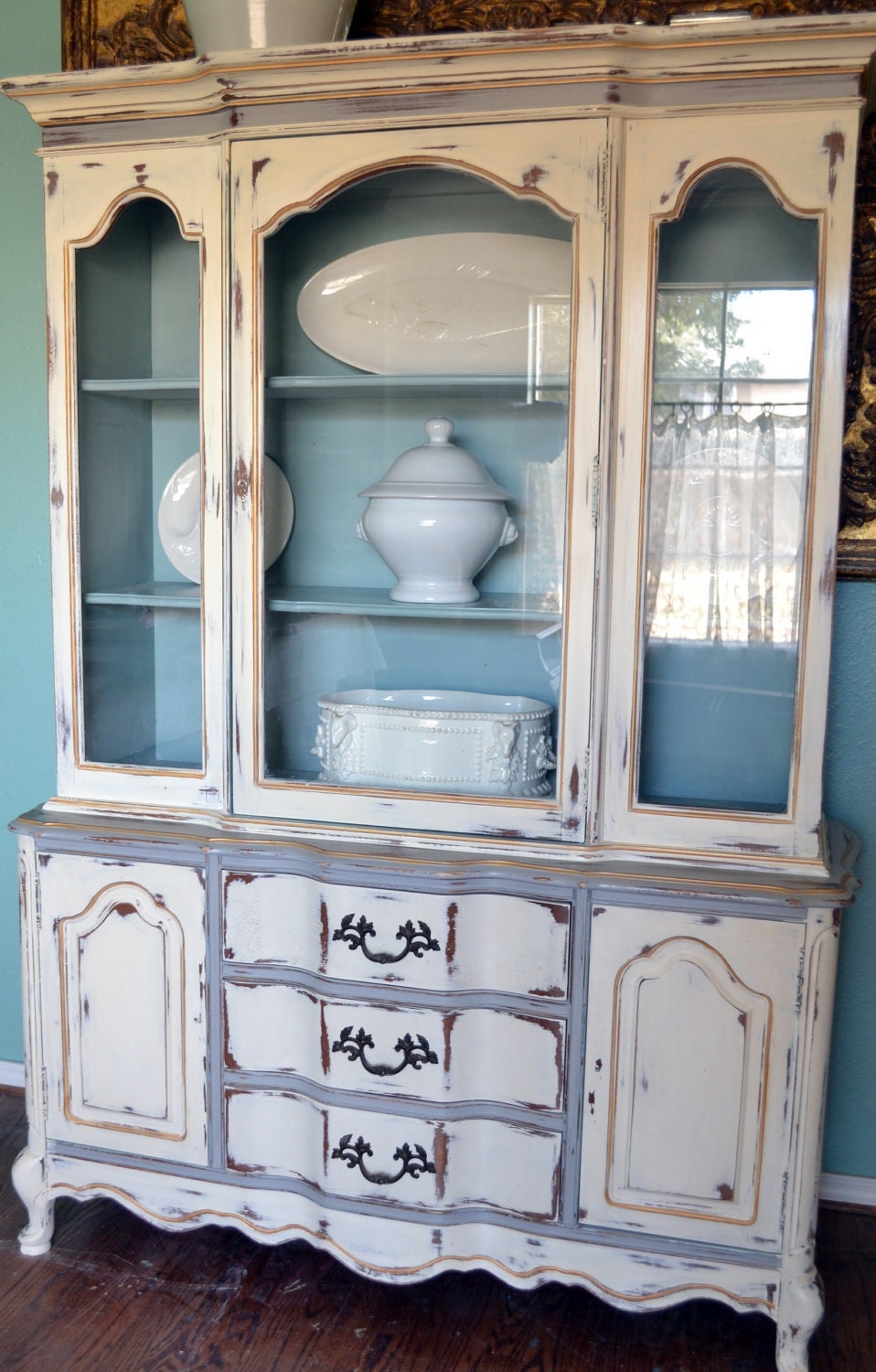 French China Cabinet Hutch White Gray Blue Gold Distressed MADE TO ORDER