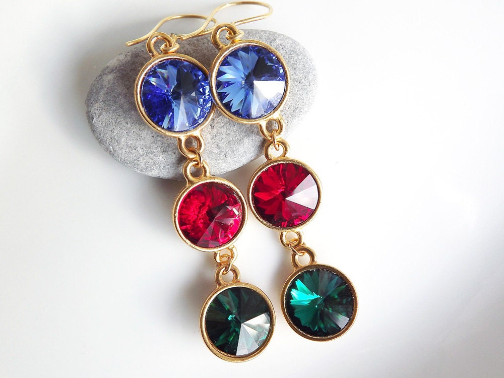 Turkish Delight Sparkly Swarovski Dangly Earrings - Trio, Triple, Sapphire, Siam, Emerald