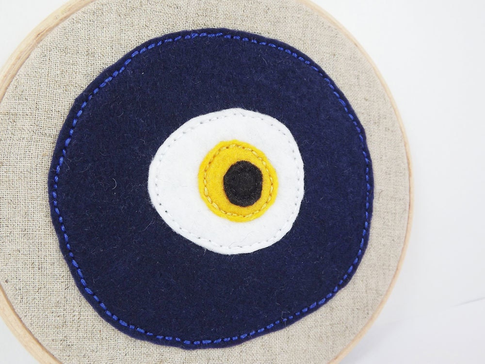 Embroidery Hoop Art  - Lucky Protective  Evil Eye - Nazar Wall Hanging - Wall Art - Royal blue - White - Yellow