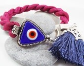 Lucky Triangular  Evil Eye Turkish Silk & Tassel Bracelet - Silver Plated, Navy Artisan Glass Bead, Cranberry red Silk  - Summer Fashion