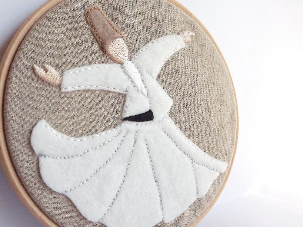 Embroidery Hoop Art - Whirling Dervish - Semazen  Wall Hanging - Rumi, Sufi, Wall Art - White, beige, natural