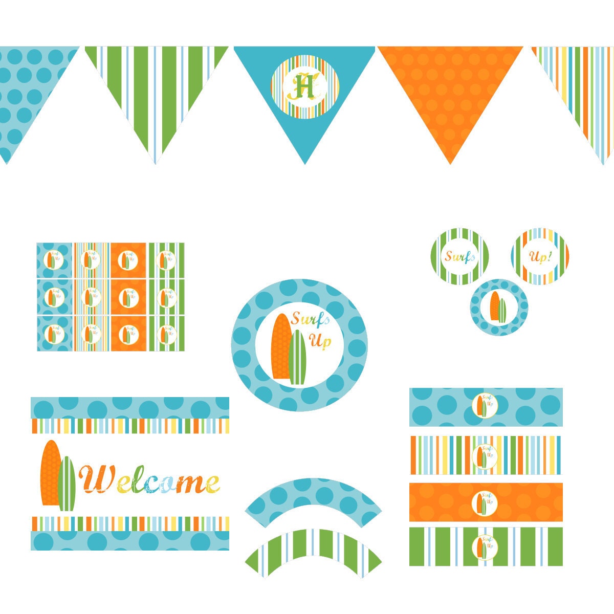 Surfer Decorations for Birthday Party or Baby Shower - DIY Boys Surf Board Printable Decor by Bee and Daisy - Instant Download Il_570xn